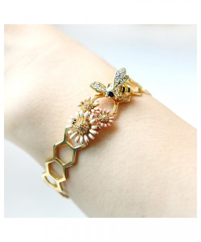 Epoxy Honeybee and Flower Ring Plated Brass Adjustable Size Bangle_Gold $11.50 Rings