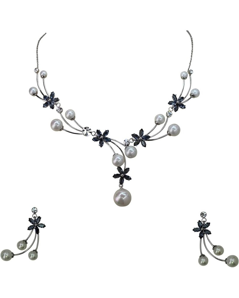 Gorgeous CZ Crystal Shell Pearls Floral Necklace Earrings Set Dark Blue $24.30 Jewelry Sets