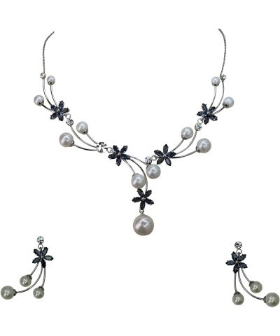 Gorgeous CZ Crystal Shell Pearls Floral Necklace Earrings Set Dark Blue $24.30 Jewelry Sets