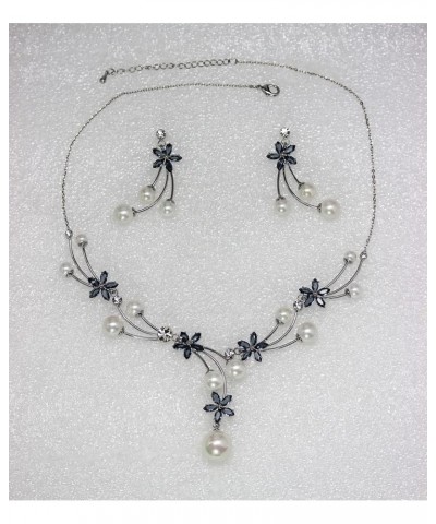 Gorgeous CZ Crystal Shell Pearls Floral Necklace Earrings Set Dark Blue $24.30 Jewelry Sets