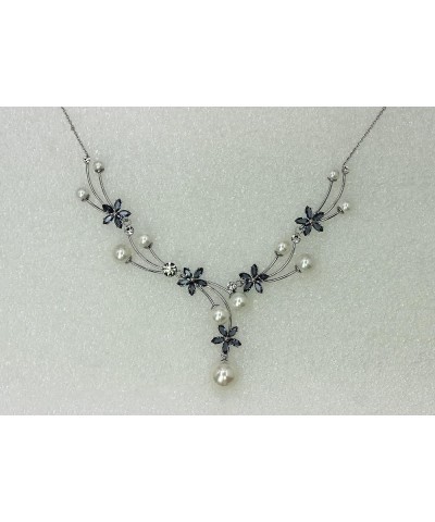 Gorgeous CZ Crystal Shell Pearls Floral Necklace Earrings Set Dark Blue $24.30 Jewelry Sets