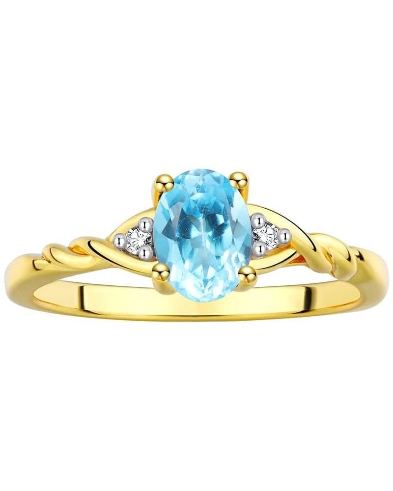 Yellow Gold Plated Silver Classic Birthstone Ring - 7X5MM Oval Gemstone & Diamonds - Women's Jewelry, Sizes 5-10 Blue Topaz G...