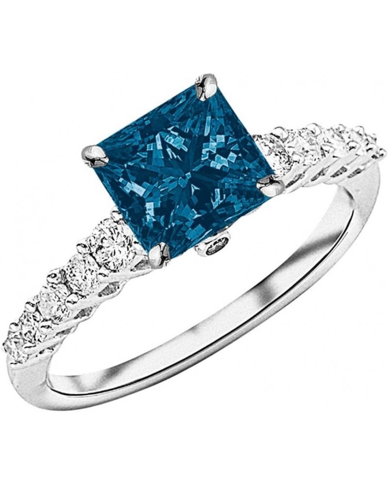 0.95 Carat t.w 14K White Gold Classic Prong Set Side Stone Diamond Engagement Ring w/a 0.5 Carat Princess Cut Blue Diamond He...