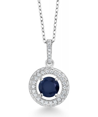 925 Sterling Silver Round Blue Sapphire and White Moissanite Pendant Necklace For Women (1.35 Cttw, Gemstone Birthstone, with...