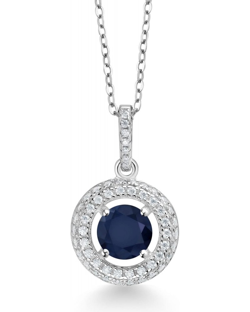 925 Sterling Silver Round Blue Sapphire and White Moissanite Pendant Necklace For Women (1.35 Cttw, Gemstone Birthstone, with...