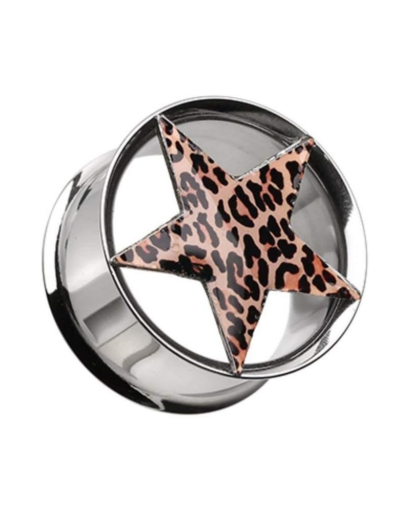 Leopard Star Hollow Double Flared Steel Ear Gauge Plug 7/8" (22mm), Brown $12.18 Body Jewelry