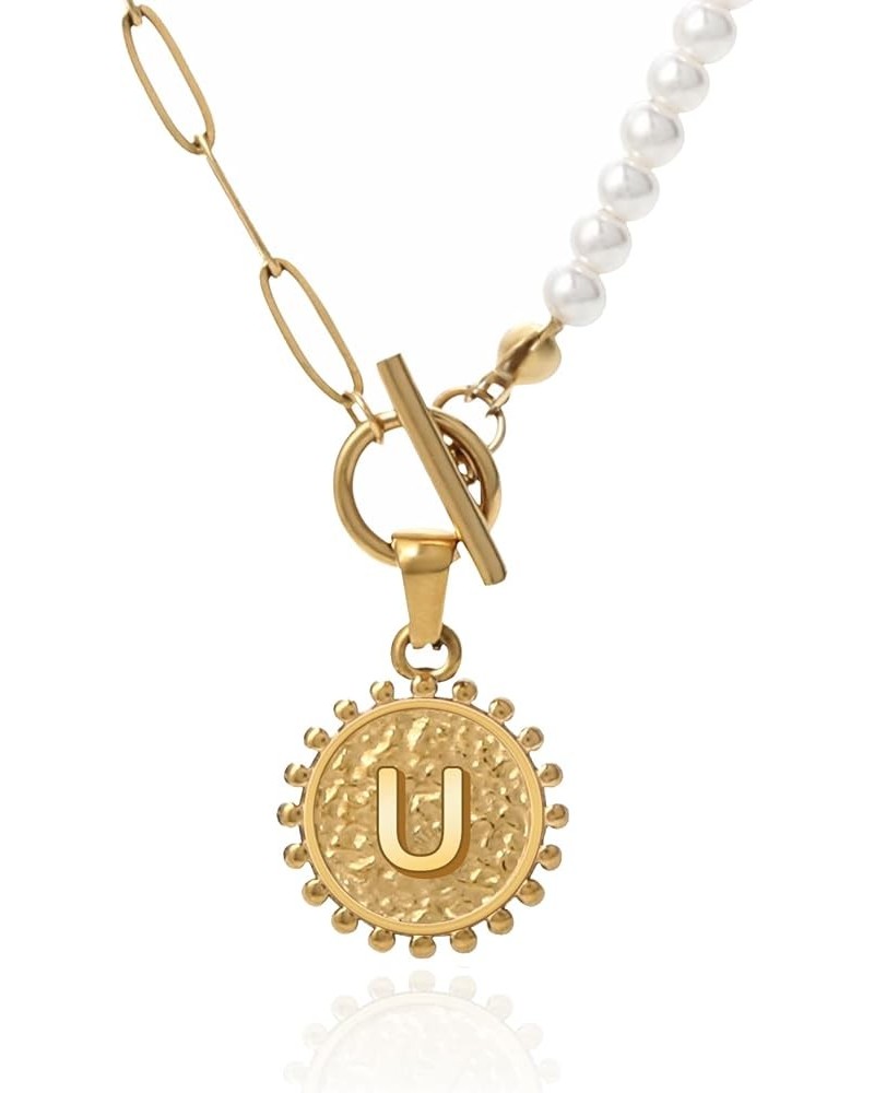 Gold Initial Pearl Pendant Necklace, 18K Gold Plated Pearl A-Z Letter Paperclip Chain Necklace Jewelry Gifts for Women U $8.9...