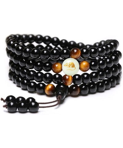 Natural Obsidian Luminous Carving Dragon Pattern Tiger Eye Stone Zodiac Bracelet 108 Beads Buddhist Rosary Elastic Adjustable...