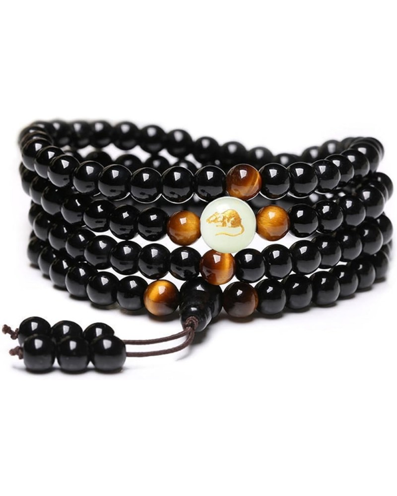 Natural Obsidian Luminous Carving Dragon Pattern Tiger Eye Stone Zodiac Bracelet 108 Beads Buddhist Rosary Elastic Adjustable...