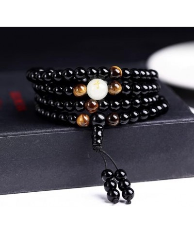 Natural Obsidian Luminous Carving Dragon Pattern Tiger Eye Stone Zodiac Bracelet 108 Beads Buddhist Rosary Elastic Adjustable...