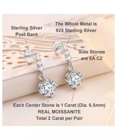 2CT Moissanite Earrings for Women, Short Dangle DF Color Ideal Cut Simulated Diamond 925 Sterling Silver Earrings with Certif...