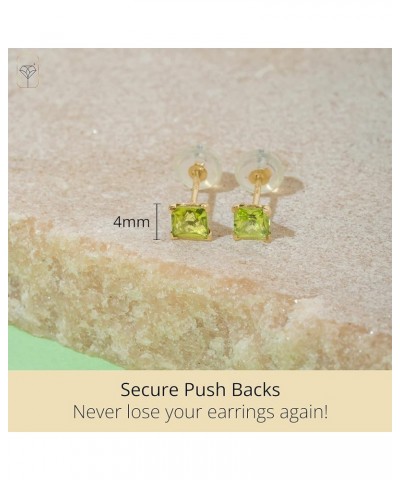 14k White or Yellow Gold Square Stud Earrings for Women with Princess Cut Gemstone 4 mm Birthstone and Push Backs Genuine Per...