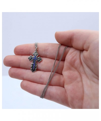 Eastern Orthodox Cross, Adult Baptism Gifts for Women, Sterling Silver with Blue Enamel and Stainless Steel Chain, 1 Inch Med...