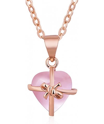 Simulated Rose Quartz Heart Pendant Healing Love Stones Crystal Necklace Valentines Gifts for Women Bow-knot $6.96 Necklaces