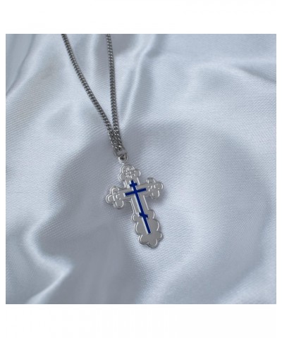 Eastern Orthodox Cross, Adult Baptism Gifts for Women, Sterling Silver with Blue Enamel and Stainless Steel Chain, 1 Inch Med...