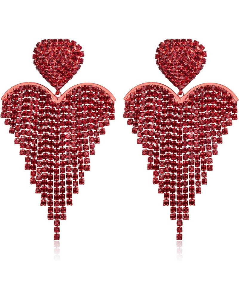 Women's Wedding Bridal Crystal Beaded Tassel Fringe Chandelier Dangle Earrings Heart-Ruby Color Red-Tone $10.50 Earrings