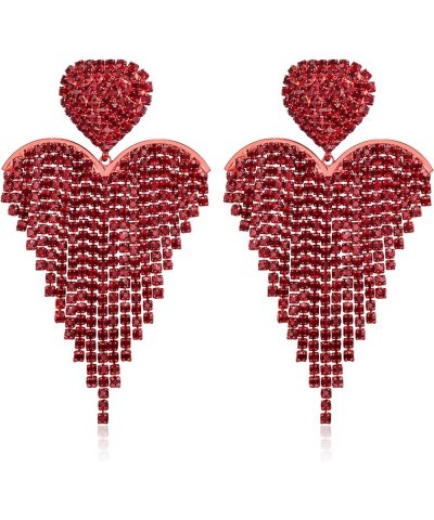 Women's Wedding Bridal Crystal Beaded Tassel Fringe Chandelier Dangle Earrings Heart-Ruby Color Red-Tone $10.50 Earrings