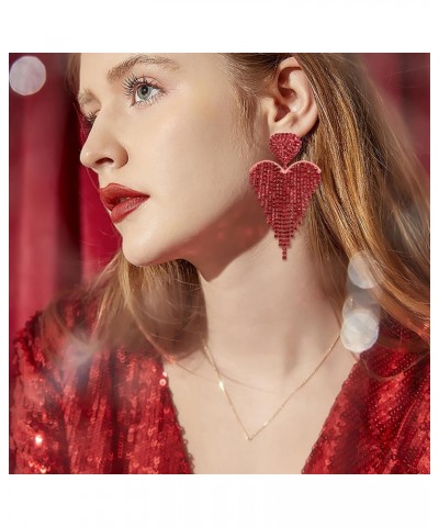 Women's Wedding Bridal Crystal Beaded Tassel Fringe Chandelier Dangle Earrings Heart-Ruby Color Red-Tone $10.50 Earrings