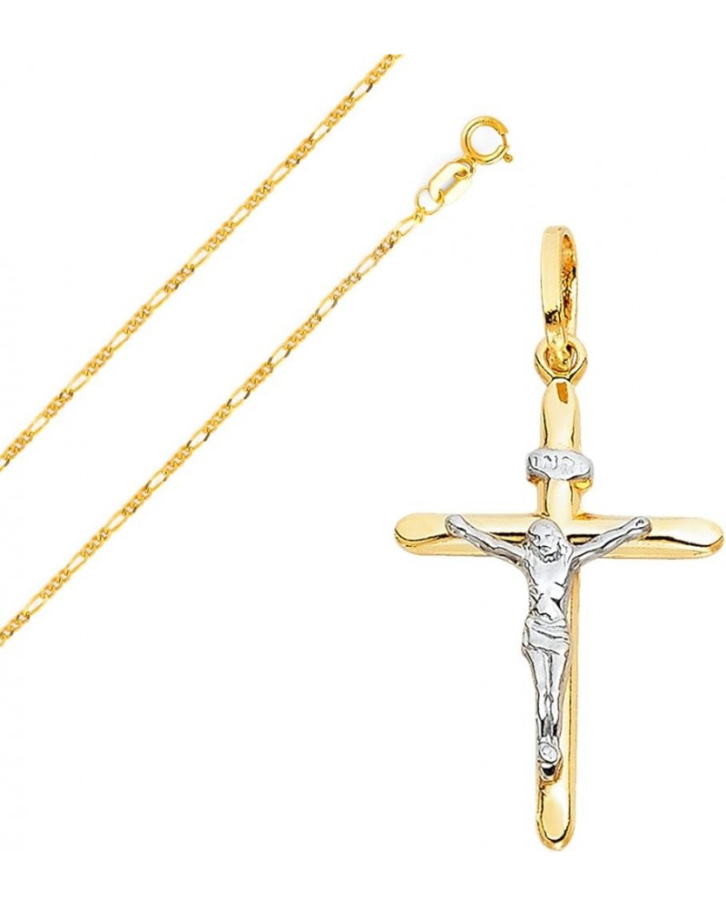 Solid 14K Gold Figaro Chain Two-Tone Cross Pendant Crucifix Necklace - Choose Length 14" to 24 16.0 Inches Figaro - 1.6 mm $7...