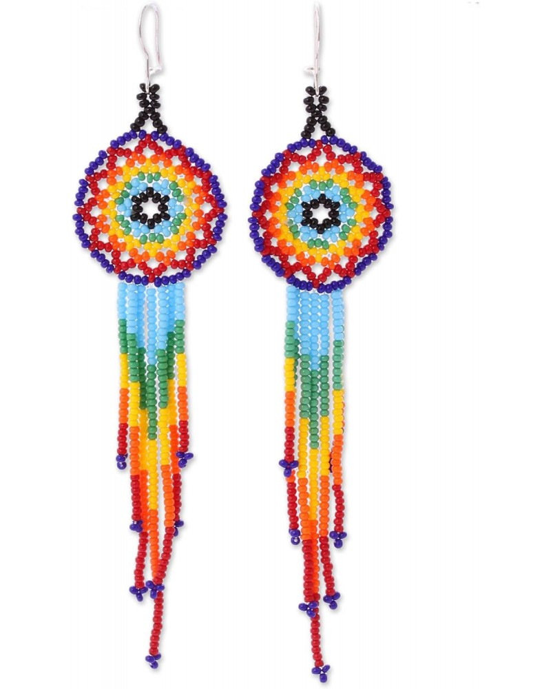 Handmade .925 Sterling Silver Glass Beaded Waterfall Earrings Huichol Multicolored from Mexico [4.7 in L x 1.2 in W] 'Colorfu...