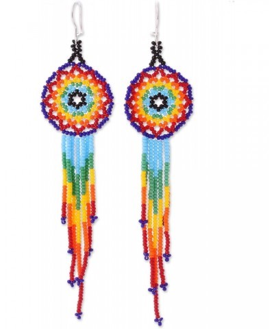 Handmade .925 Sterling Silver Glass Beaded Waterfall Earrings Huichol Multicolored from Mexico [4.7 in L x 1.2 in W] 'Colorfu...