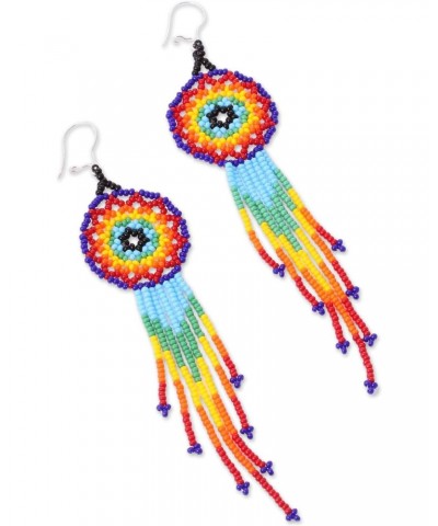 Handmade .925 Sterling Silver Glass Beaded Waterfall Earrings Huichol Multicolored from Mexico [4.7 in L x 1.2 in W] 'Colorfu...