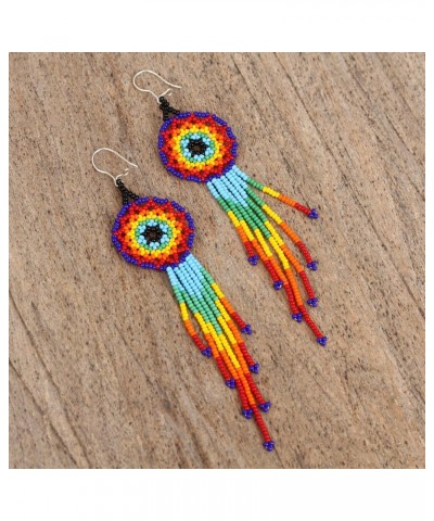 Handmade .925 Sterling Silver Glass Beaded Waterfall Earrings Huichol Multicolored from Mexico [4.7 in L x 1.2 in W] 'Colorfu...