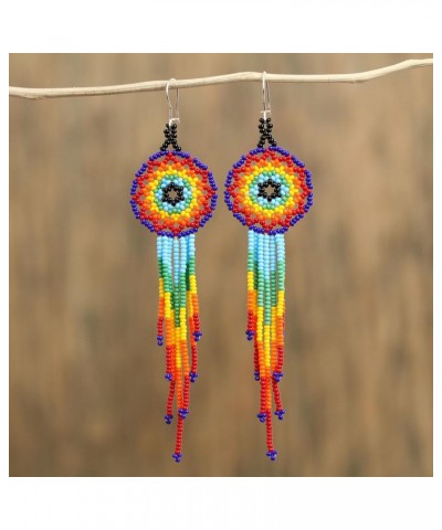 Handmade .925 Sterling Silver Glass Beaded Waterfall Earrings Huichol Multicolored from Mexico [4.7 in L x 1.2 in W] 'Colorfu...