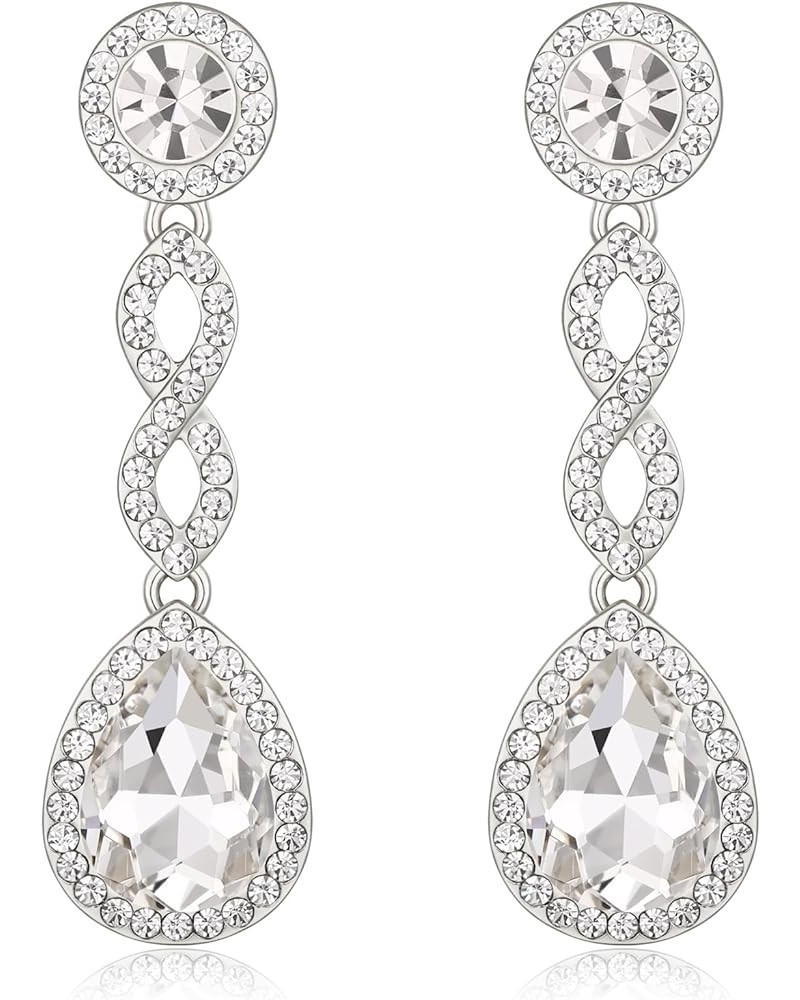 Wedding Bridal Sparkle Rhinestone Crystal 8-Shaped Teardrop Pierced Statement Dangle Earrings for Women Girls Clear Silver-To...