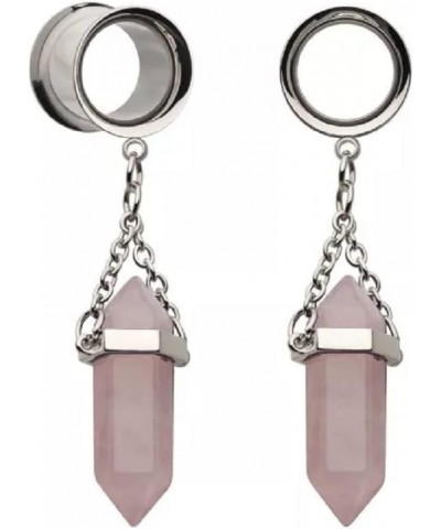 316L Stainless Steel Dangling Rose Quartz Stone Double Flared Tunnel Plugs, Sold as a Pair 6mm (2GA) $9.61 Body Jewelry