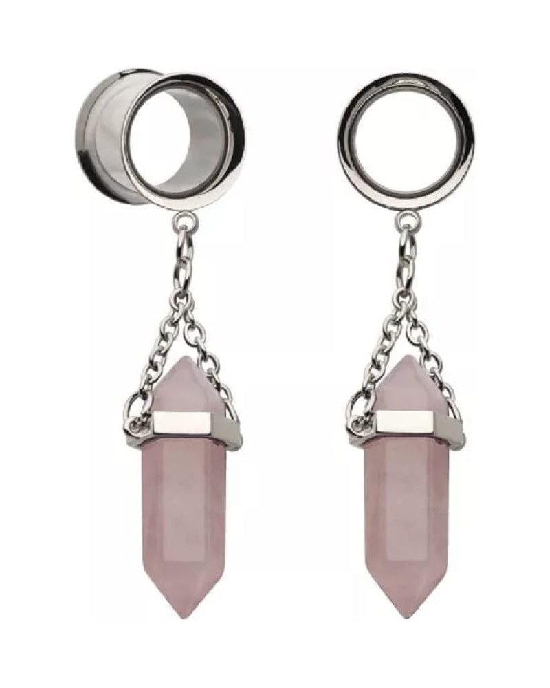 316L Stainless Steel Dangling Rose Quartz Stone Double Flared Tunnel Plugs, Sold as a Pair 6mm (2GA) $9.61 Body Jewelry