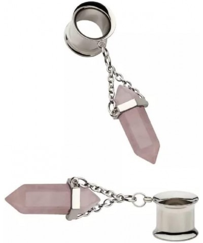 316L Stainless Steel Dangling Rose Quartz Stone Double Flared Tunnel Plugs, Sold as a Pair 6mm (2GA) $9.61 Body Jewelry