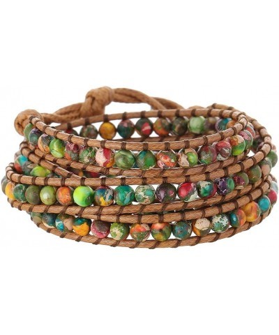 Women Boho Handmade Natural Stone Crystal Leather Bead Wrap Bracelets Collection 4mm Jasper 3W $14.76 Bracelets