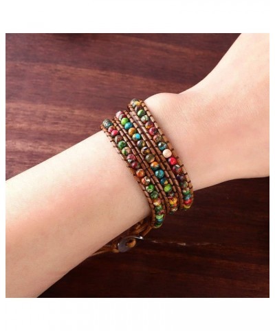 Women Boho Handmade Natural Stone Crystal Leather Bead Wrap Bracelets Collection 4mm Jasper 3W $14.76 Bracelets