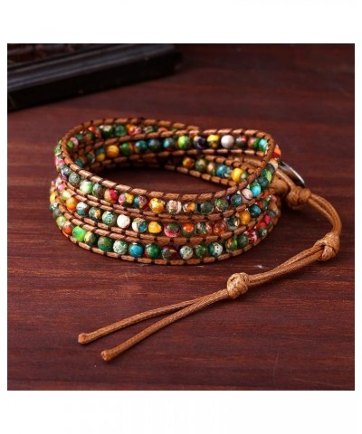 Women Boho Handmade Natural Stone Crystal Leather Bead Wrap Bracelets Collection 4mm Jasper 3W $14.76 Bracelets