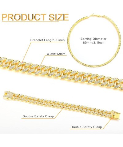 Cuban Link Chain Necklace Bracelet Rhinestone Earrings Bling Necklace Bracelet Crystal Big Circle Earring for Women 20 Inch G...