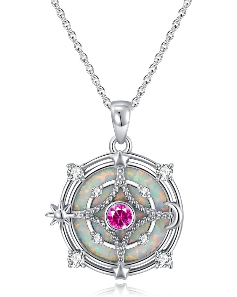 Opal Compass Necklace for Women Opal Birthstone Necklace for Women Sun Moon Star Necklace 925 Sterling Silver White Opal Pend...