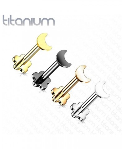 Dynamique Implant Grade Titanium Threadless Push In Flower Base Labret, Flat Back Studs With Crescent Moon Top For Cartilage,...