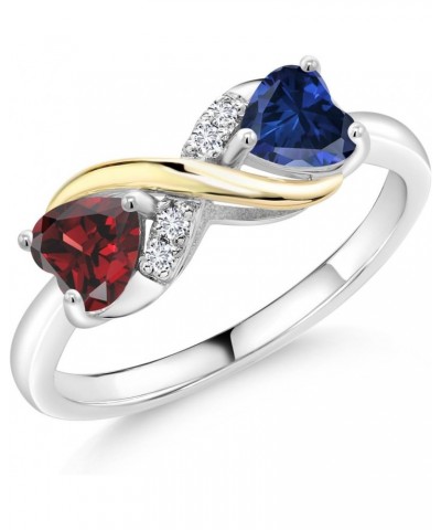 925 Sterling Silver and 10K Yellow Gold Red Garnet Blue Created Sapphire and Lab Grown Diamond Ring For Women (1.14 Cttw, Gem...