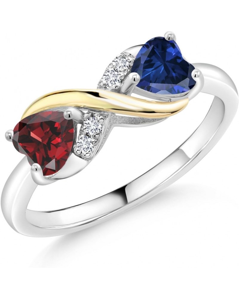 925 Sterling Silver and 10K Yellow Gold Red Garnet Blue Created Sapphire and Lab Grown Diamond Ring For Women (1.14 Cttw, Gem...