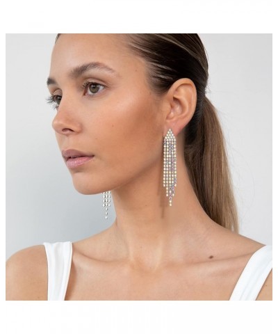 Austrian Crystal Chandelier Tassel Earrings Linear Drop Dangle Earrings for Women Wedding Bridal Party Clip-on-Iridescent Cle...