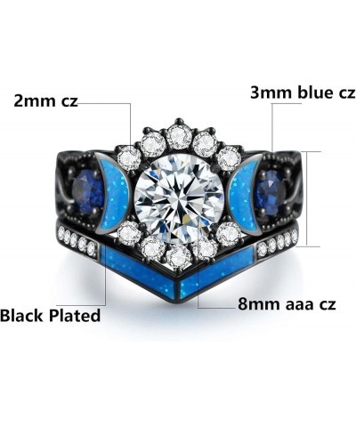 Couple Rings Black Matching Ring 1.5ct CZ Women Wedding Ring Sets for Him and Her Ring Sets Moon Ring Blue women size8 & men ...