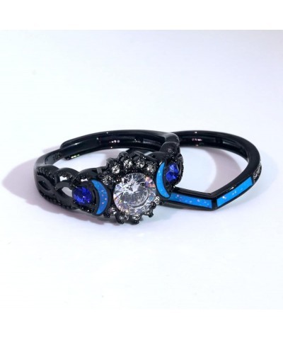 Couple Rings Black Matching Ring 1.5ct CZ Women Wedding Ring Sets for Him and Her Ring Sets Moon Ring Blue women size8 & men ...