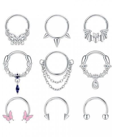 9Pcs 16G Septum Rings for Women Men Stainless Steel Dangle Septum Jewelry Blue Planet Teardrop CZ Butterfly Bat Spiked Daith ...