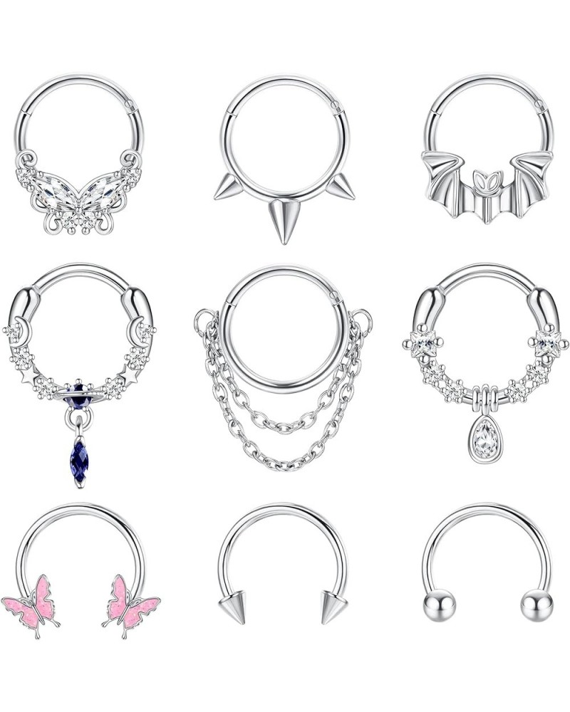 9Pcs 16G Septum Rings for Women Men Stainless Steel Dangle Septum Jewelry Blue Planet Teardrop CZ Butterfly Bat Spiked Daith ...