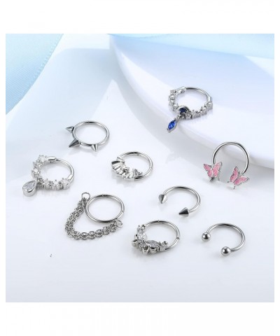 9Pcs 16G Septum Rings for Women Men Stainless Steel Dangle Septum Jewelry Blue Planet Teardrop CZ Butterfly Bat Spiked Daith ...