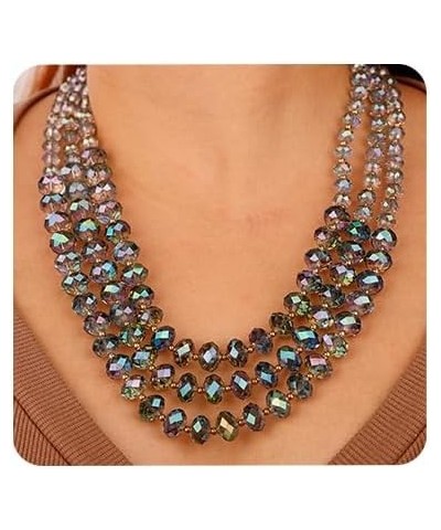 Bohemian 3-Strand Beaded Choker Necklace with Earrings Crystal Cluster Chunky Chain Pendant for Women Blue $10.07 Necklaces