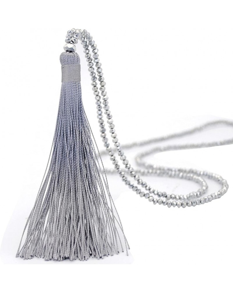 Handmade Woven Layered Y shaped Long Tassel Fringe Crystal Beads Pendant Necklace for Women Girls Jewelry grey $6.75 Necklaces