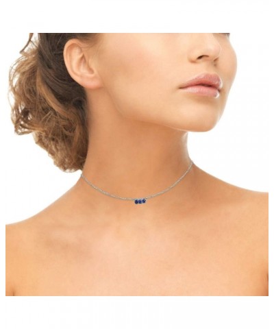 Sterling Silver Genuine or Synthetic Gemstone Round Three Stone Dainty Bar Choker Necklace Synthetic Blue Spinel & Cubic Zirc...