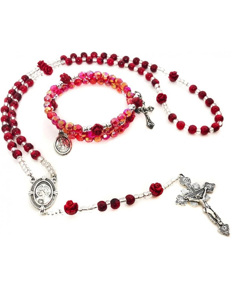 Sacred Heart of Jesus Red Rose Rosary and Rosary Bracelet Set - Rosary & Miraculous Medal Bracelet - Catholic Rosary - Rosari...